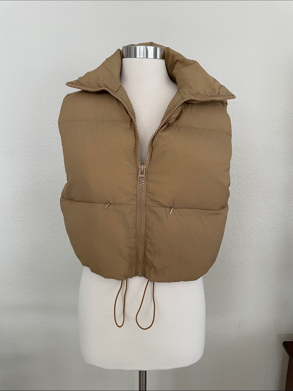 Amazon Women's Tan Puffer Vest with High Collar